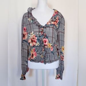 Haute Monde Floral Ruffle Trim Black White Houndstooth Printed Top Size Large